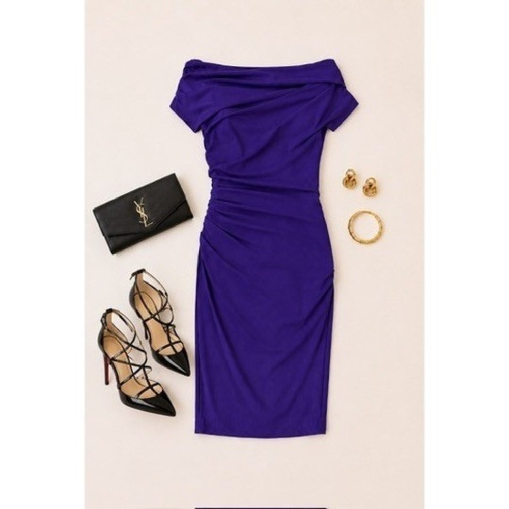 Vintage Escada Purple, Ruched,‎ Off Shoulder, Sheath, Designer Dress, Size 36